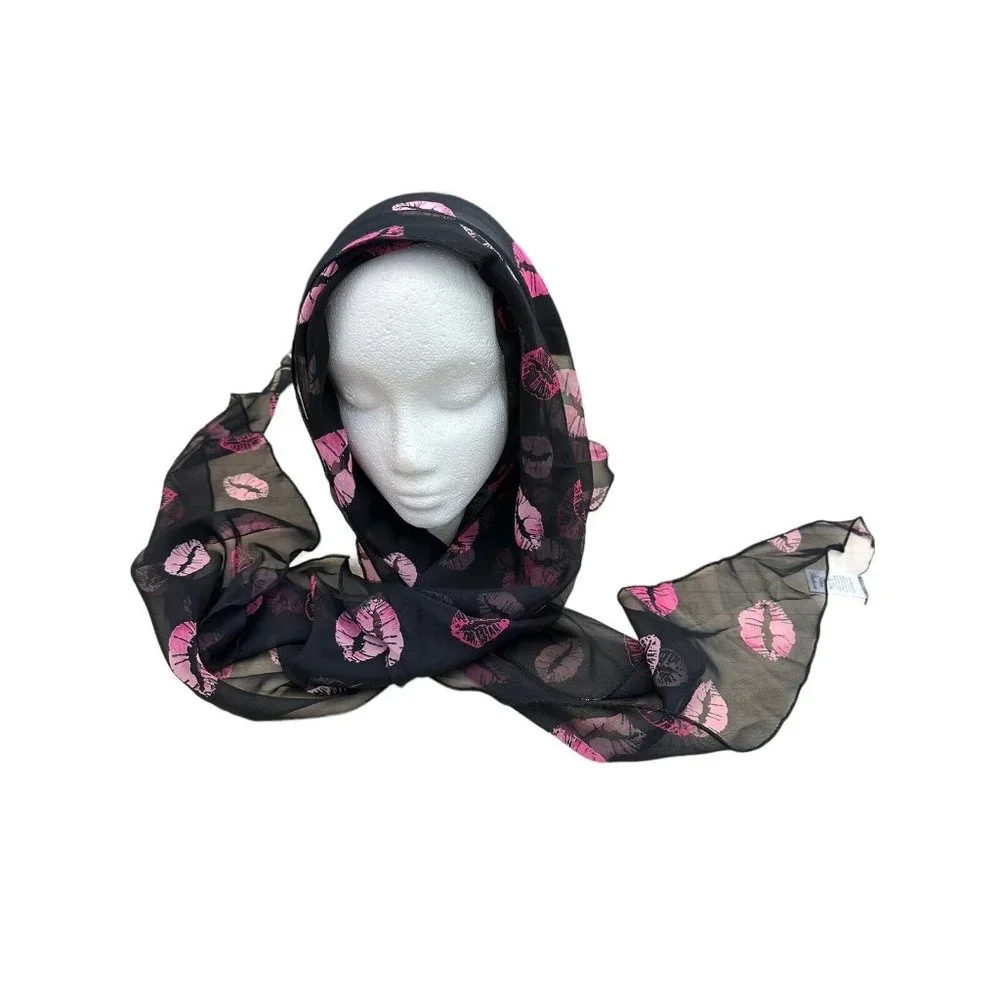 Vintage Scarf, Shawl, Wrap Black Polyester With Pink Lip Prints 72”x48”